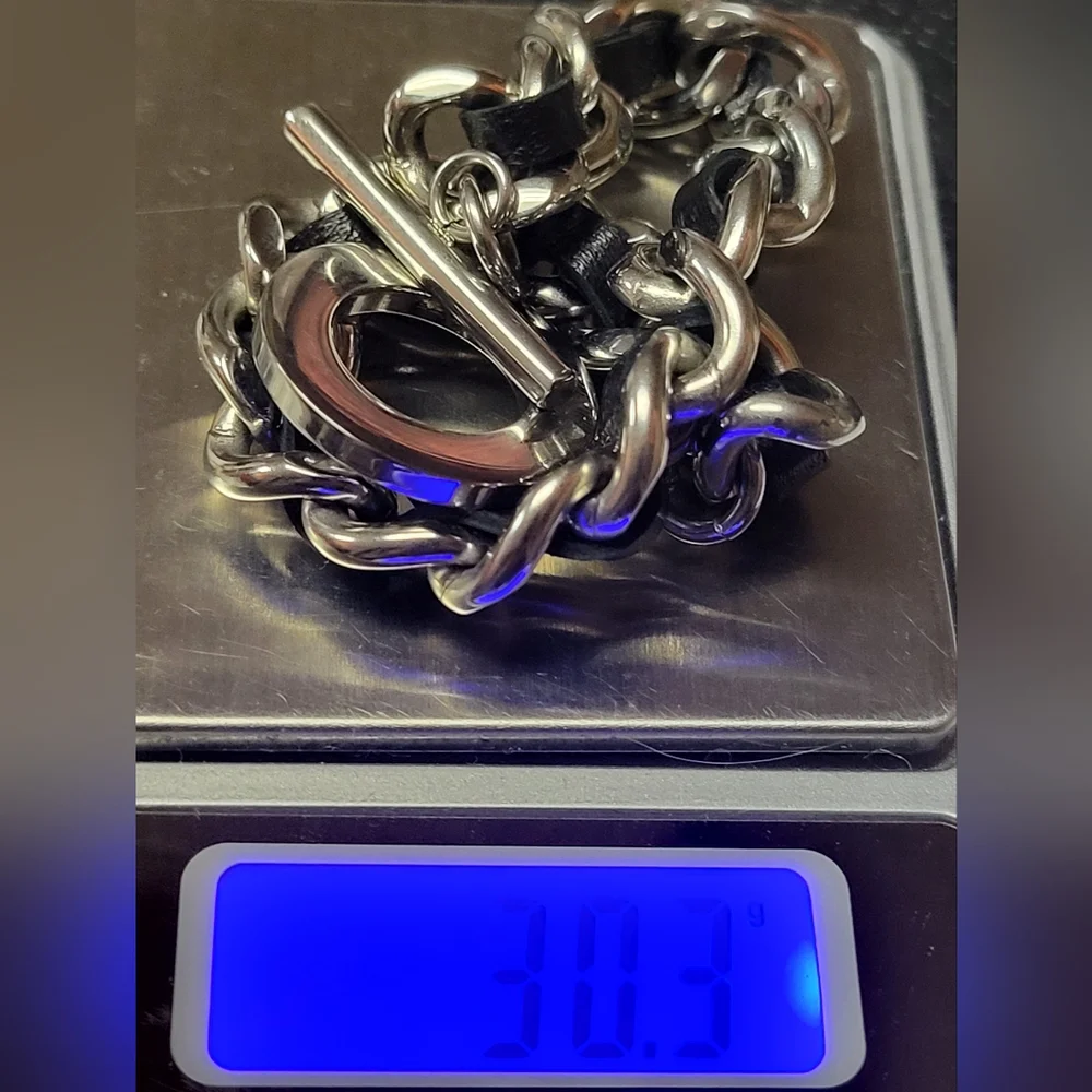 Signed Edforce Sheepskin Leather Stainless Steel Link Toggle Bracelet 30.3 gr. - Picture 4 of 5